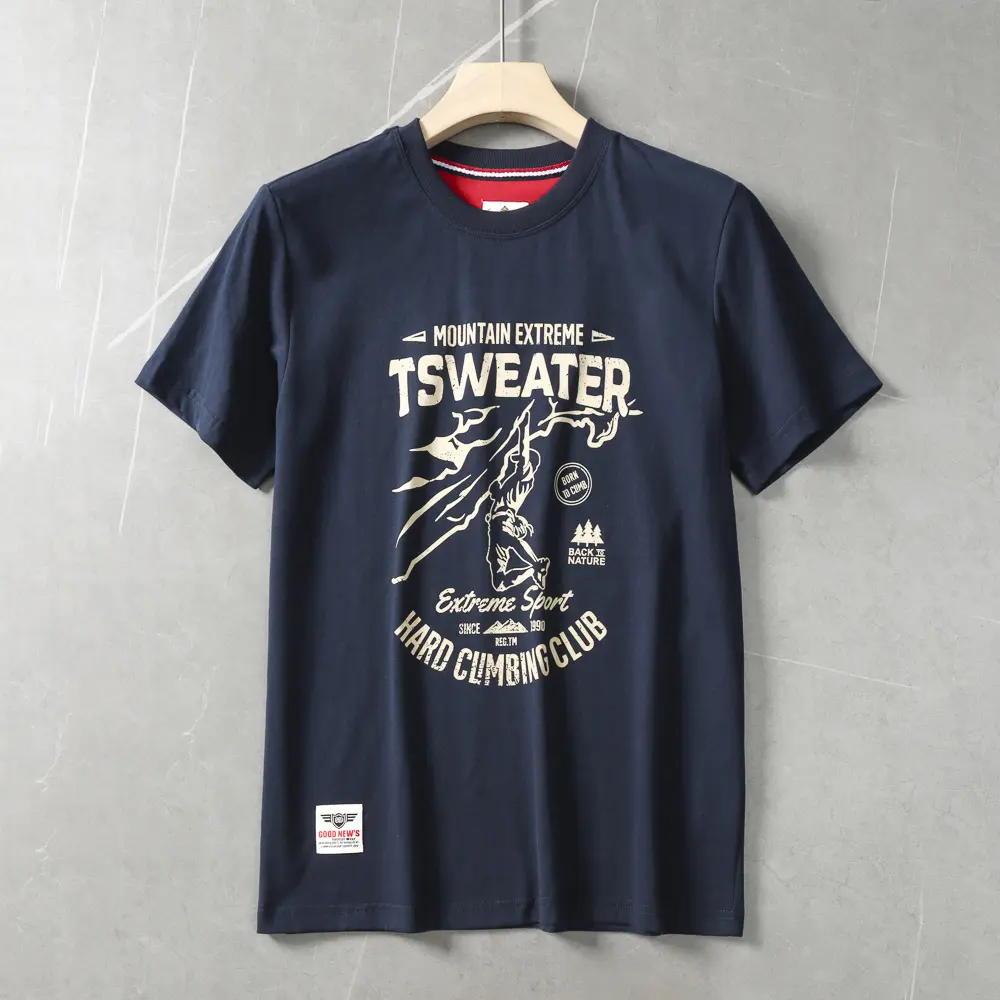 2025 Summer New American Retro Short Sleeve O-neck Letter Climbing Printed T-shirt Men's Fashion 100% Cotton Washed Casual Tops