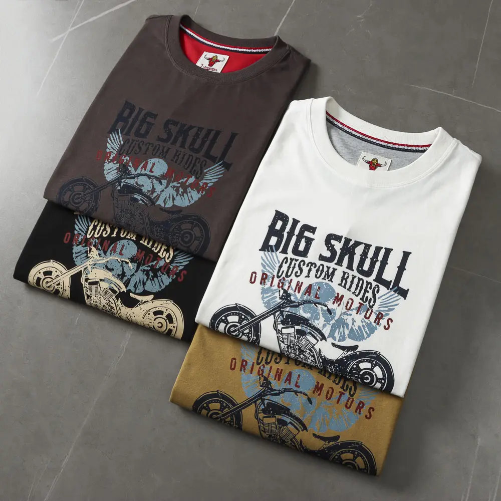 2025 Summer American Retro Short Sleeve O-neck Big Skull Motorcycle Printed T-shirt Men's Fashion 100% Cotton Washed Casual Tops
