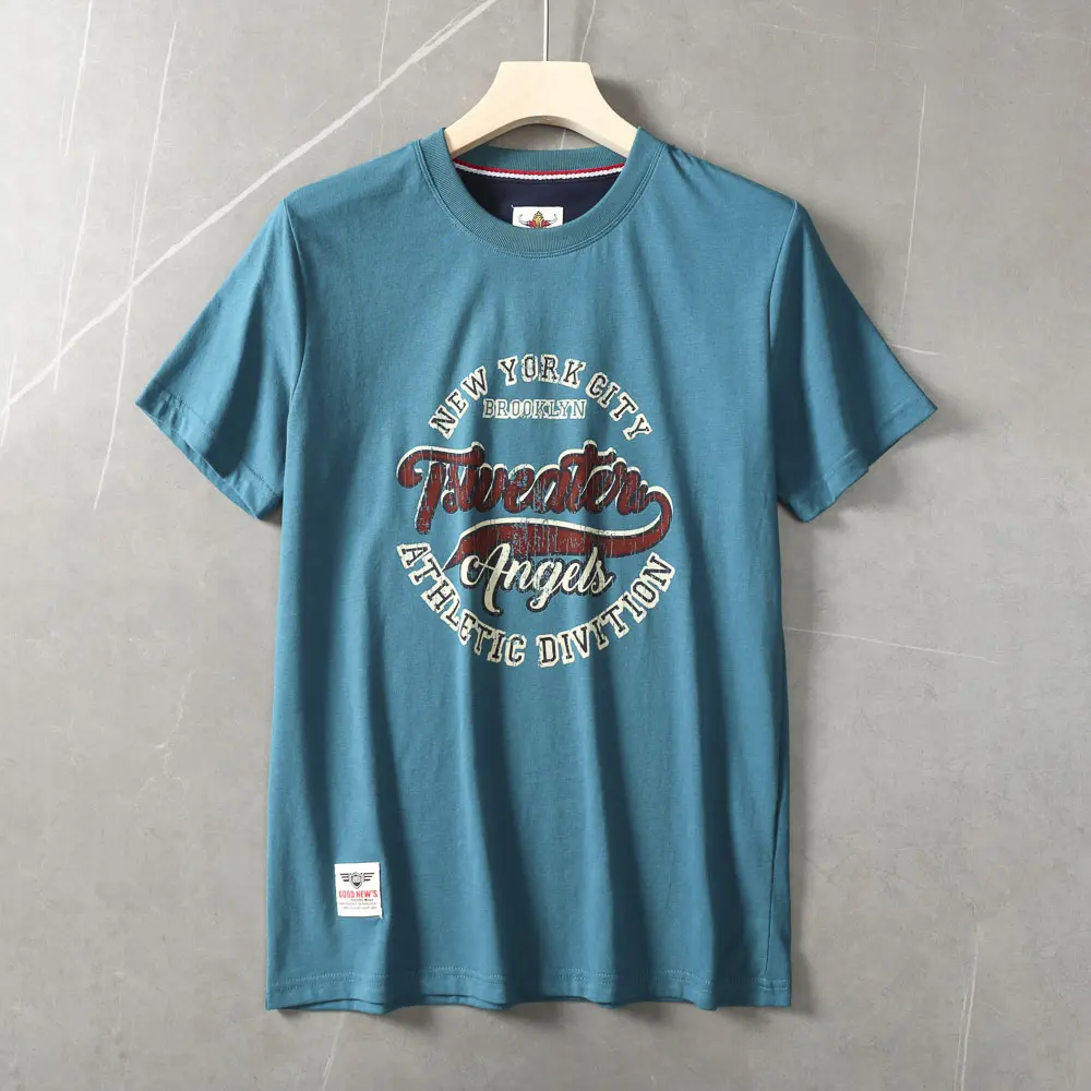 2025 Summer New American Retro Short Sleeve O-neck Letter Printed T-shirt Men's Fashion 100% Cotton Washed Casual Sports Tops