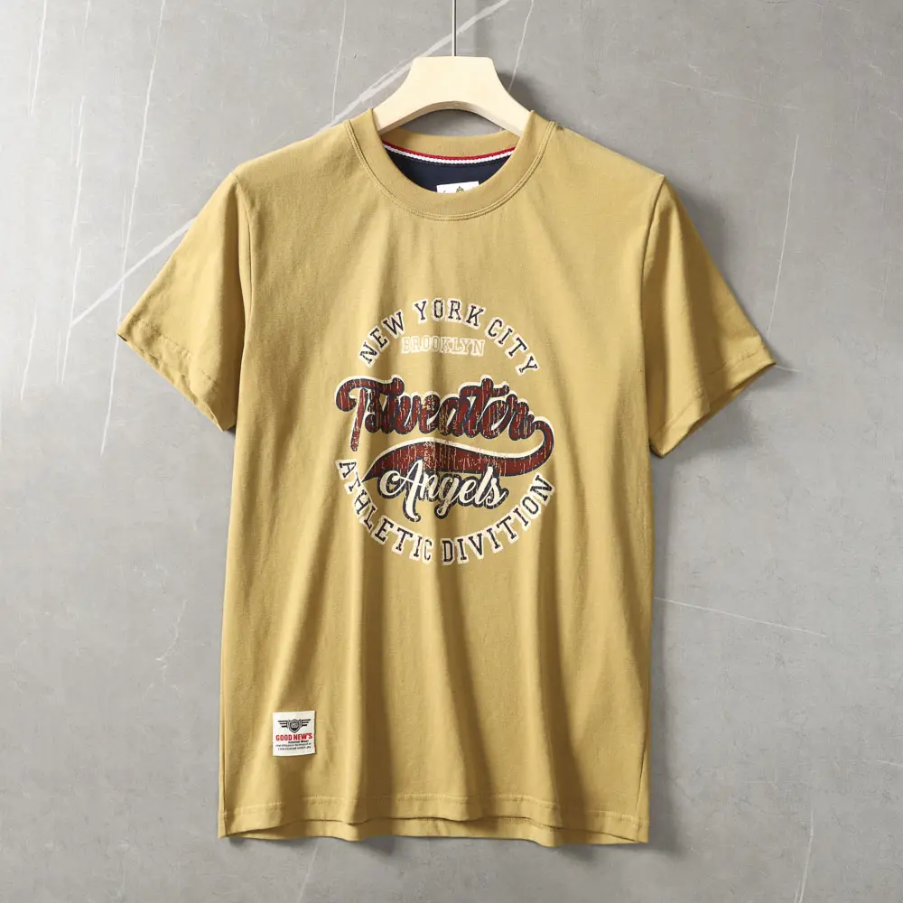 2025 Summer New American Retro Short Sleeve O-neck Letter Printed T-shirt Men's Fashion 100% Cotton Washed Casual Sports Tops