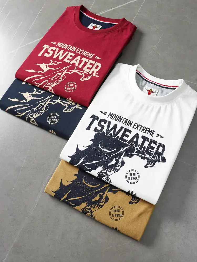 2025 Summer New American Retro Short Sleeve O-neck Letter Climbing Printed T-shirt Men's Fashion 100% Cotton Washed Casual Tops