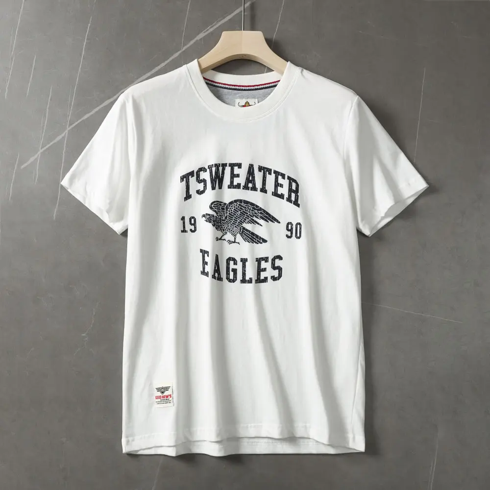 2025 Summer New American Retro Short Sleeve O-neck Letter Eagles Printed T-shirt Men's Fashion 100% Cotton Washed Casual Tops