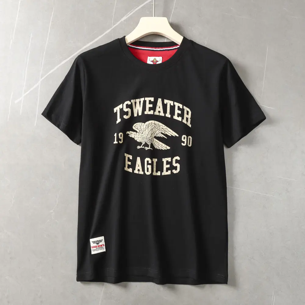 2025 Summer New American Retro Short Sleeve O-neck Letter Eagles Printed T-shirt Men's Fashion 100% Cotton Washed Casual Tops
