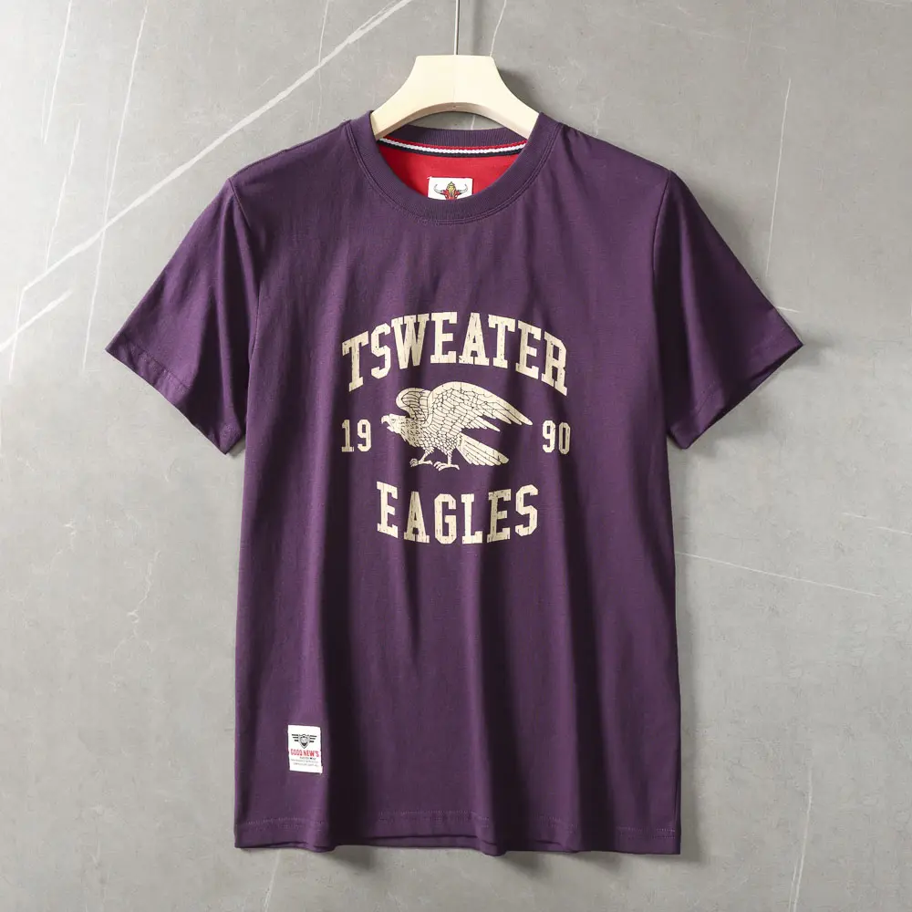 2025 Summer New American Retro Short Sleeve O-neck Letter Eagles Printed T-shirt Men's Fashion 100% Cotton Washed Casual Tops