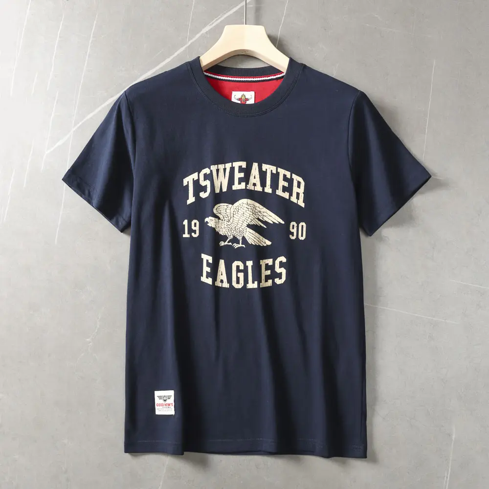 2025 Summer New American Retro Short Sleeve O-neck Letter Eagles Printed T-shirt Men's Fashion 100% Cotton Washed Casual Tops