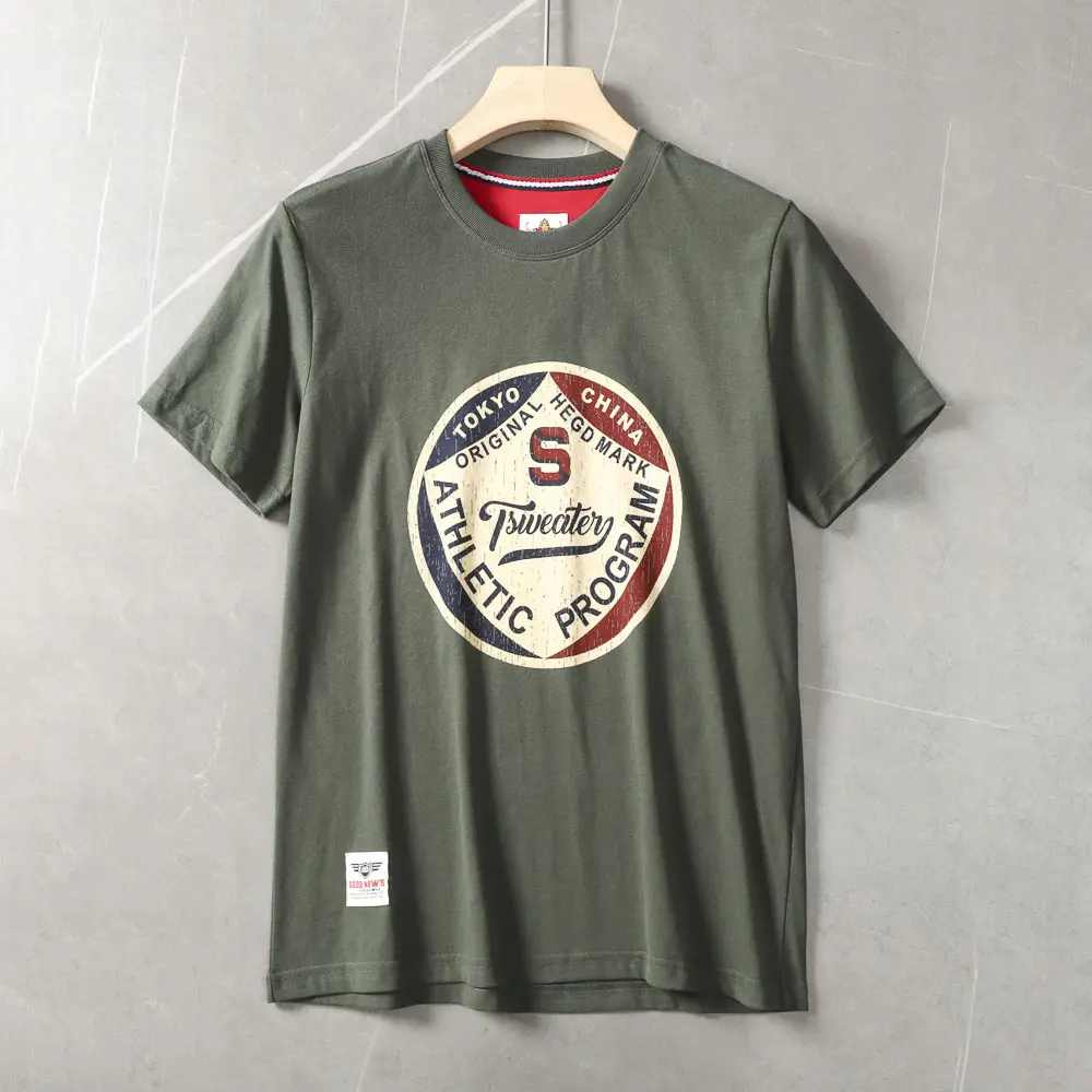 2025 Summer New American Retro Short Sleeve O-neck Letter Printed T-shirt Men's Fashion 100% Cotton Washed Casual Sports Tops