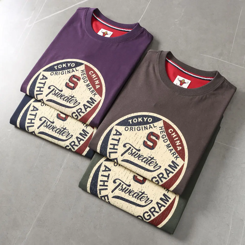 2025 Summer New American Retro Short Sleeve O-neck Letter Printed T-shirt Men's Fashion 100% Cotton Washed Casual Sports Tops