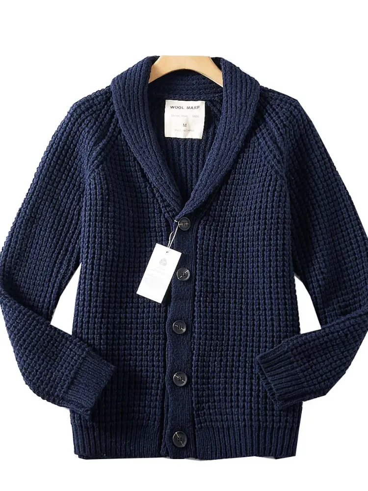 2025 Autumn and Winter New American Retro Long Sleeve Shawl Collar Knitted Sweater Men's 100% Wool Warm Casual Cardigan Jacket