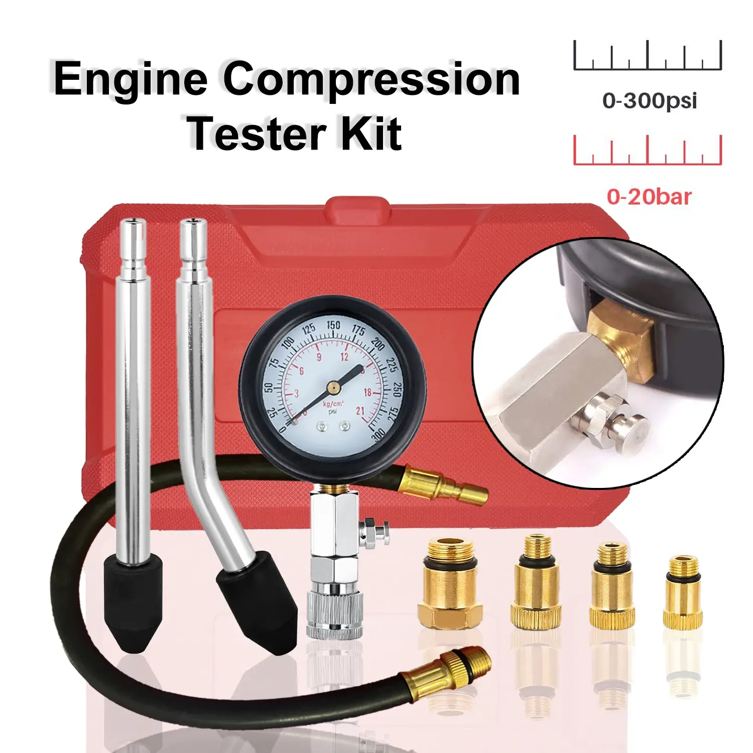 Gasoline Engine Compression Meter Car Cylinder Tester Kit 0-300 PSI Pressure Gauge with M10 M12 M14 M18 Adapter