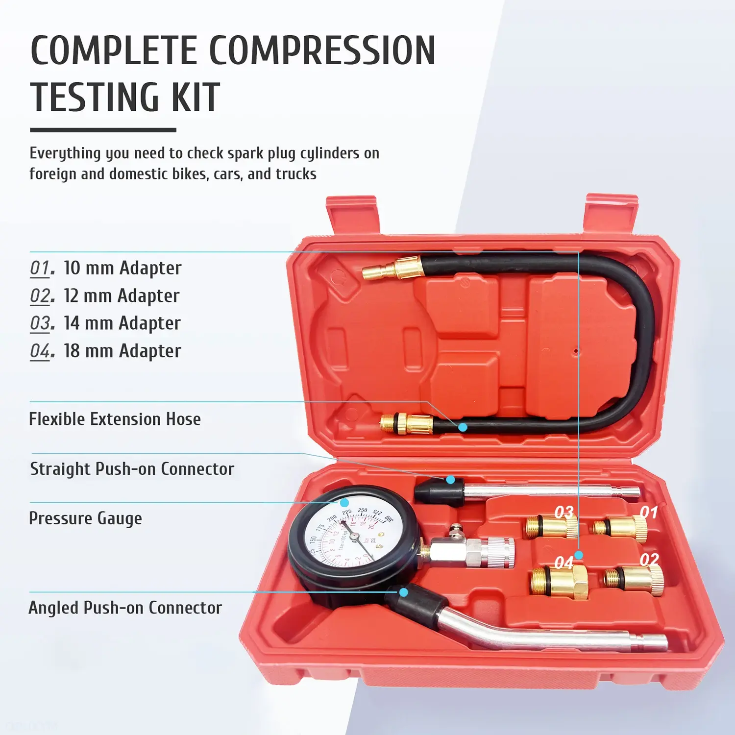 Gasoline Engine Compression Meter Car Cylinder Tester Kit 0-300 PSI Pressure Gauge with M10 M12 M14 M18 Adapter