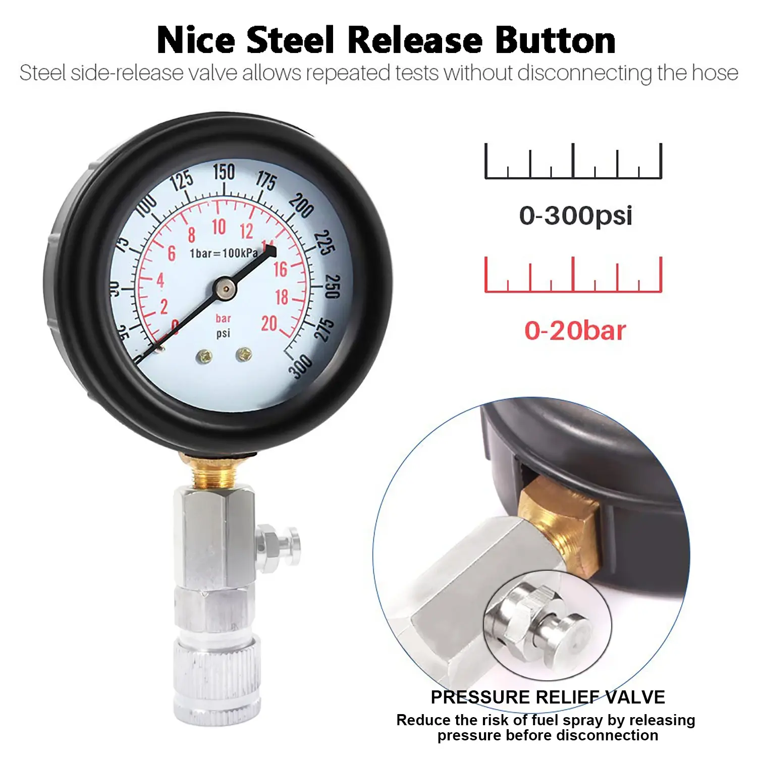 Gasoline Engine Compression Meter Car Cylinder Tester Kit 0-300 PSI Pressure Gauge with M10 M12 M14 M18 Adapter