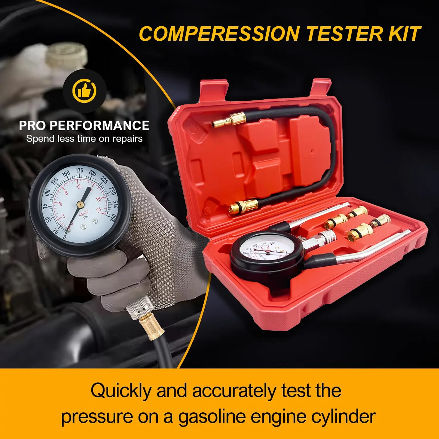 Gasoline Engine Compression Meter Car Cylinder Tester Kit 0-300 PSI Pressure Gauge with M10 M12 M14 M18 Adapter