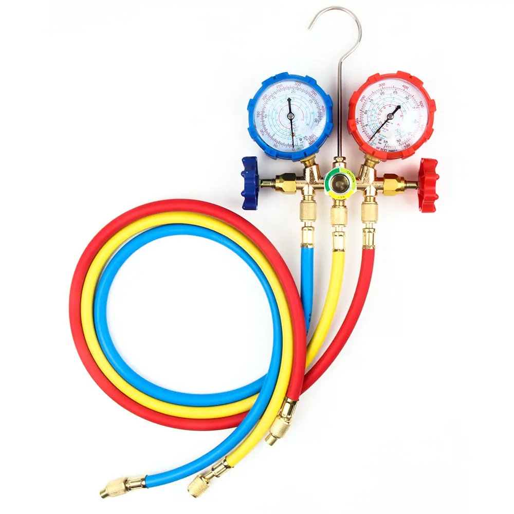 R22 R134a R404A Manifold Gauge Set HVAC A/C Refrigeration Charging Service with Hoses Adjustable Couplers Adapter Can Tap