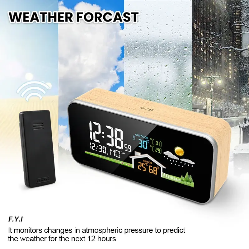 Wireless Weather Station Wooden Alarm Clock Digital Thermometer Humidity Temperature Wireless Sensor Home TimeWatch Desktop