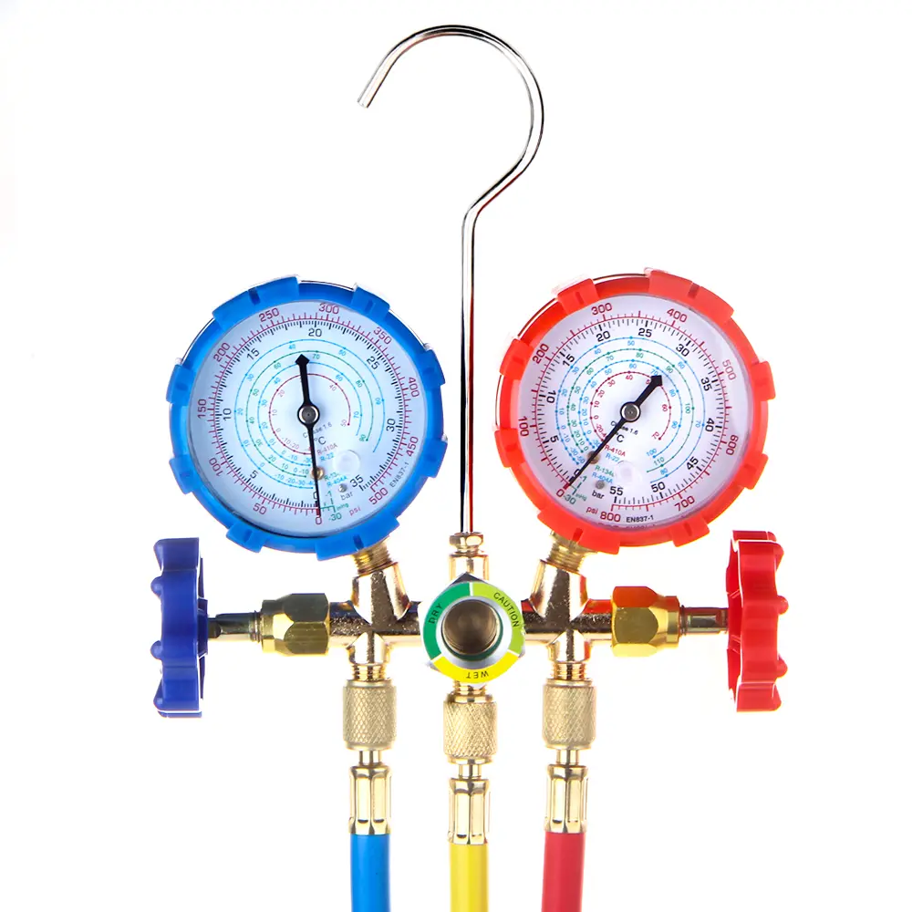 R22 R134a R404A Manifold Gauge Set HVAC A/C Refrigeration Charging Service with Hoses Adjustable Couplers Adapter Can Tap