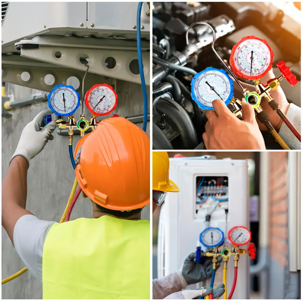 R22 R134a R404A Manifold Gauge Set HVAC A/C Refrigeration Charging Service with Hoses Adjustable Couplers Adapter Can Tap