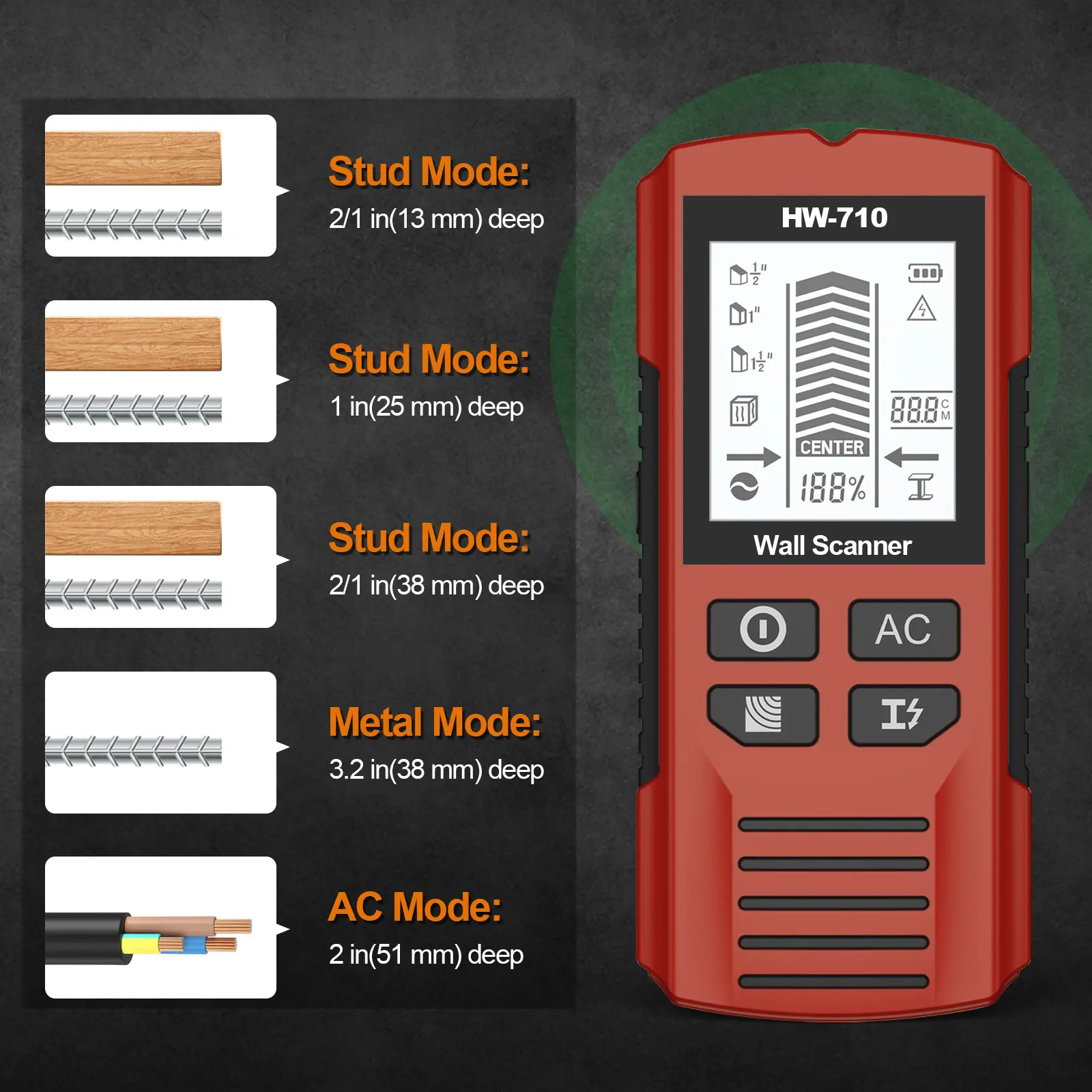 HW-710 Handheld Metal Detector Nail Finder with High-Definition LCD Display Six-in-One Wall Detector for Home Improvement