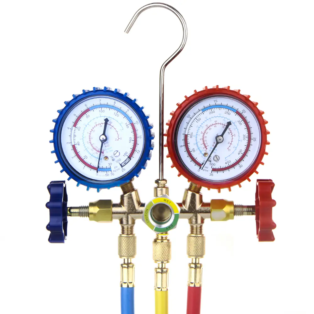 R134 Air Conditioning Pressure Gauge with Hose and Hook 3 Way AC Diagnostic Manifold Gauge Set Freon For R22 R134