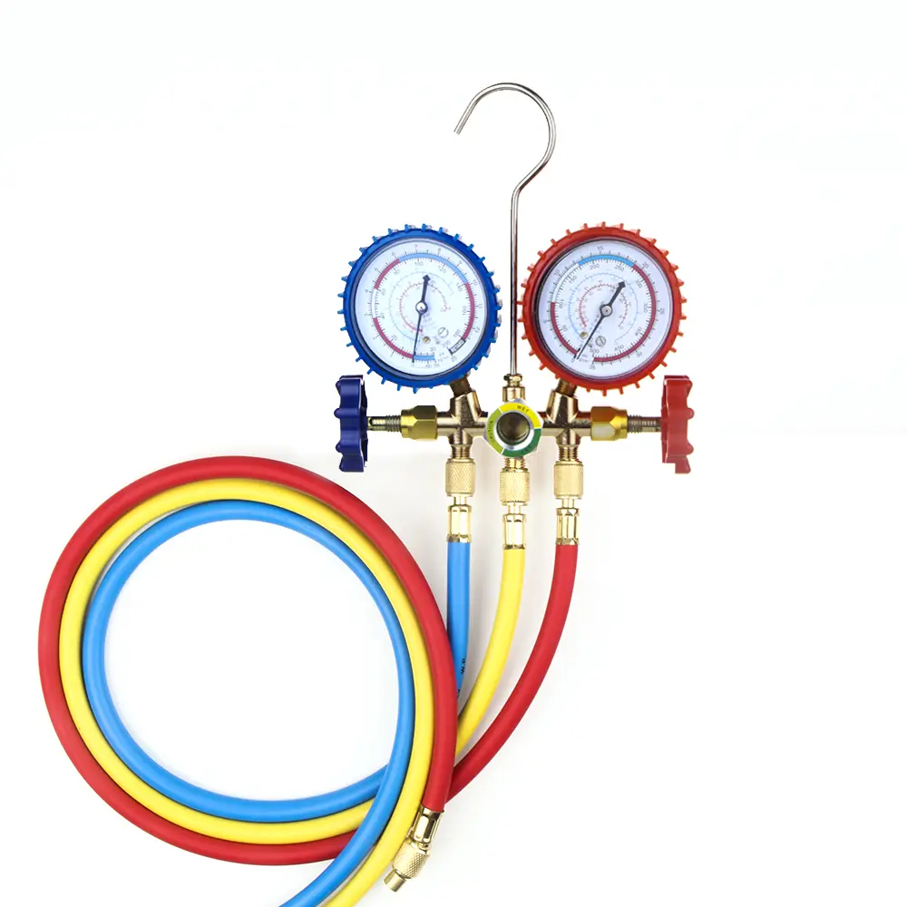 R134 Air Conditioning Pressure Gauge with Hose and Hook 3 Way AC Diagnostic Manifold Gauge Set Freon For R22 R134