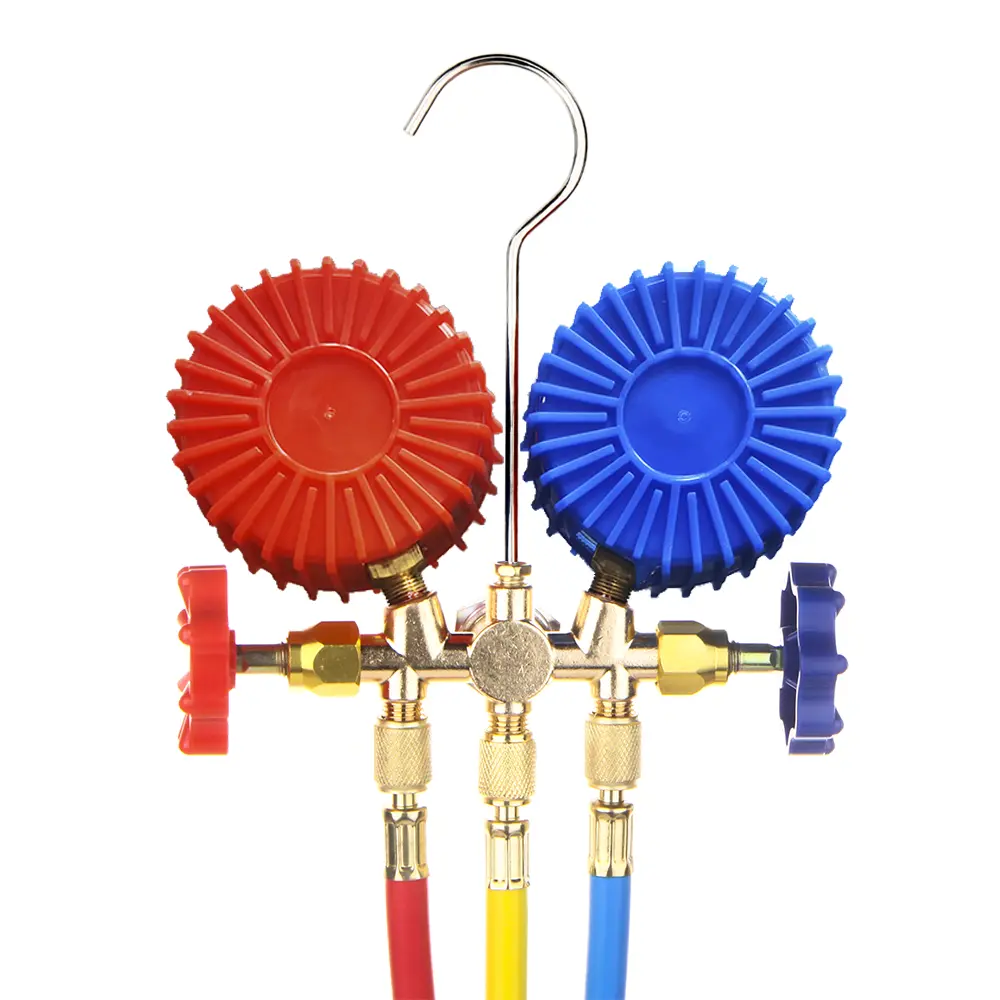 R134 Air Conditioning Pressure Gauge with Hose and Hook 3 Way AC Diagnostic Manifold Gauge Set Freon For R22 R134