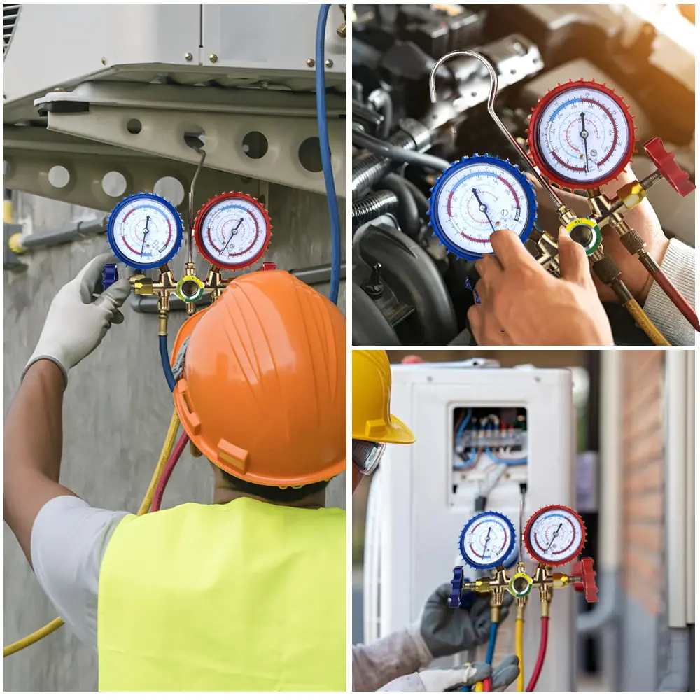 R134 Air Conditioning Pressure Gauge with Hose and Hook 3 Way AC Diagnostic Manifold Gauge Set Freon For R22 R134