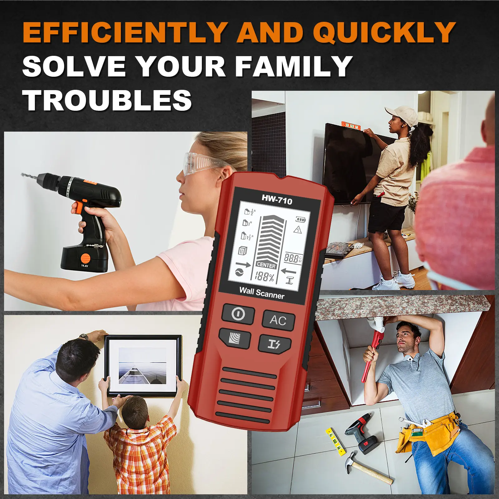 HW-710 Handheld Metal Detector Nail Finder with High-Definition LCD Display Six-in-One Wall Detector for Home Improvement