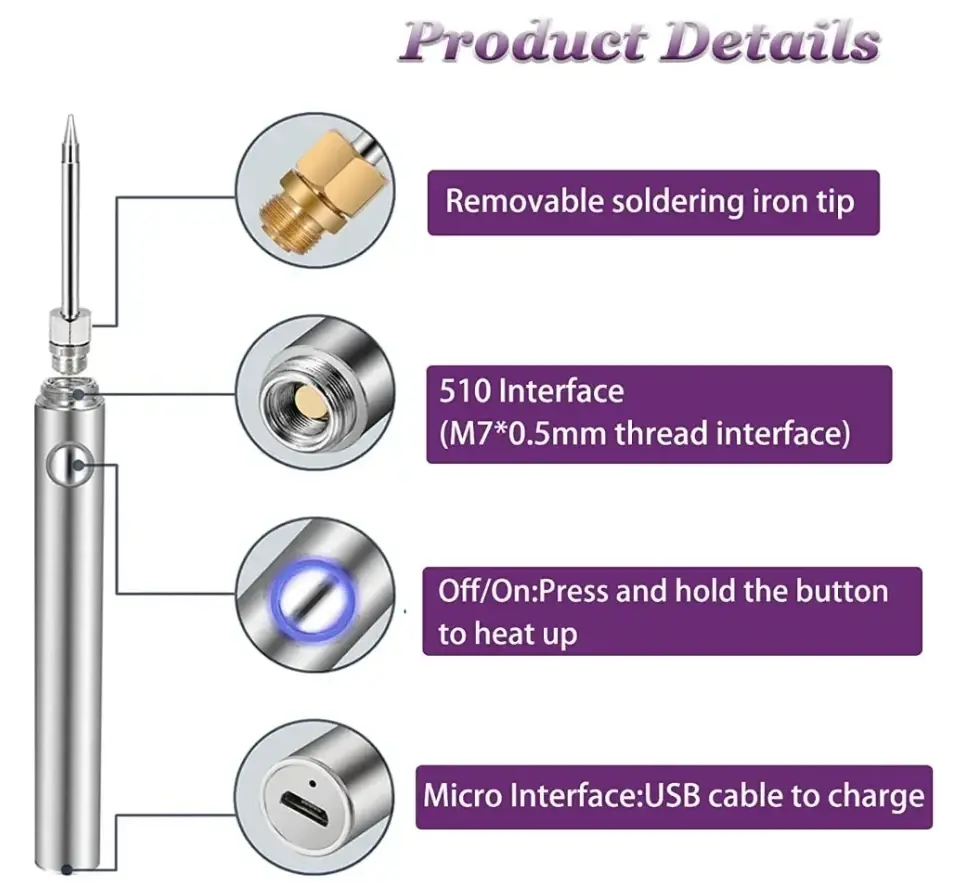 USB Cordless Soldering Iron Tool Pen Portable 5V 8W Electric Powered 1Tip Kit Rechargeable and Temperature Adjustmen