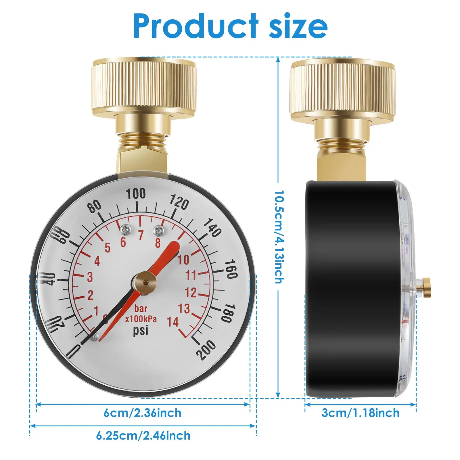 Pressure Gauge Water Pressure Test Gauge TS-60-200 PSI Water Pump Pressure Gauge for Hose Faucet Garden Hose