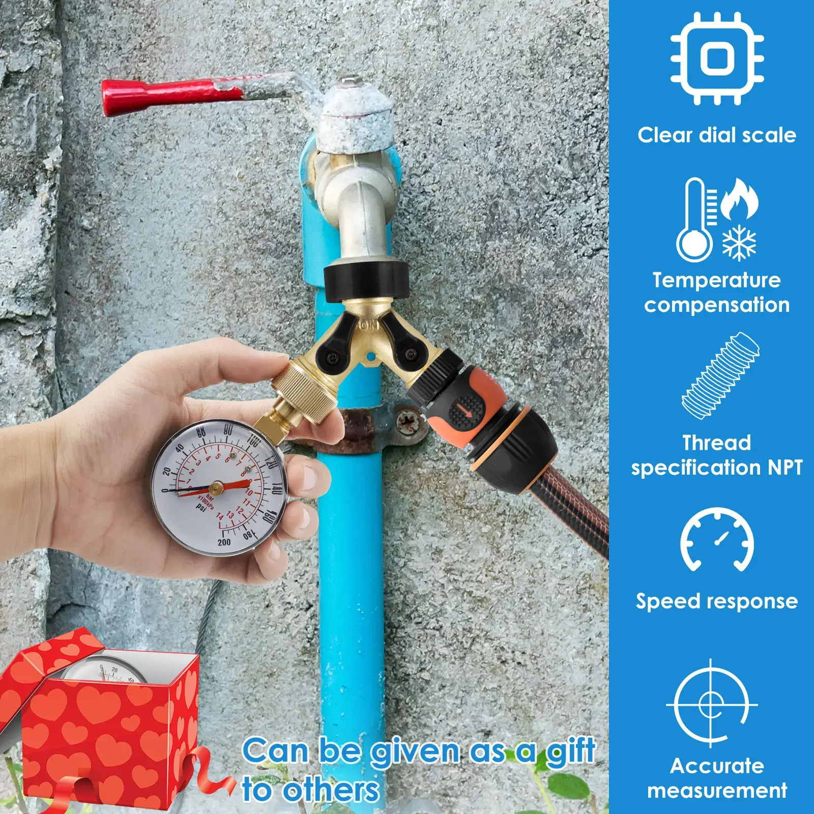 Pressure Gauge Water Pressure Test Gauge TS-60-200 PSI Water Pump Pressure Gauge for Hose Faucet Garden Hose
