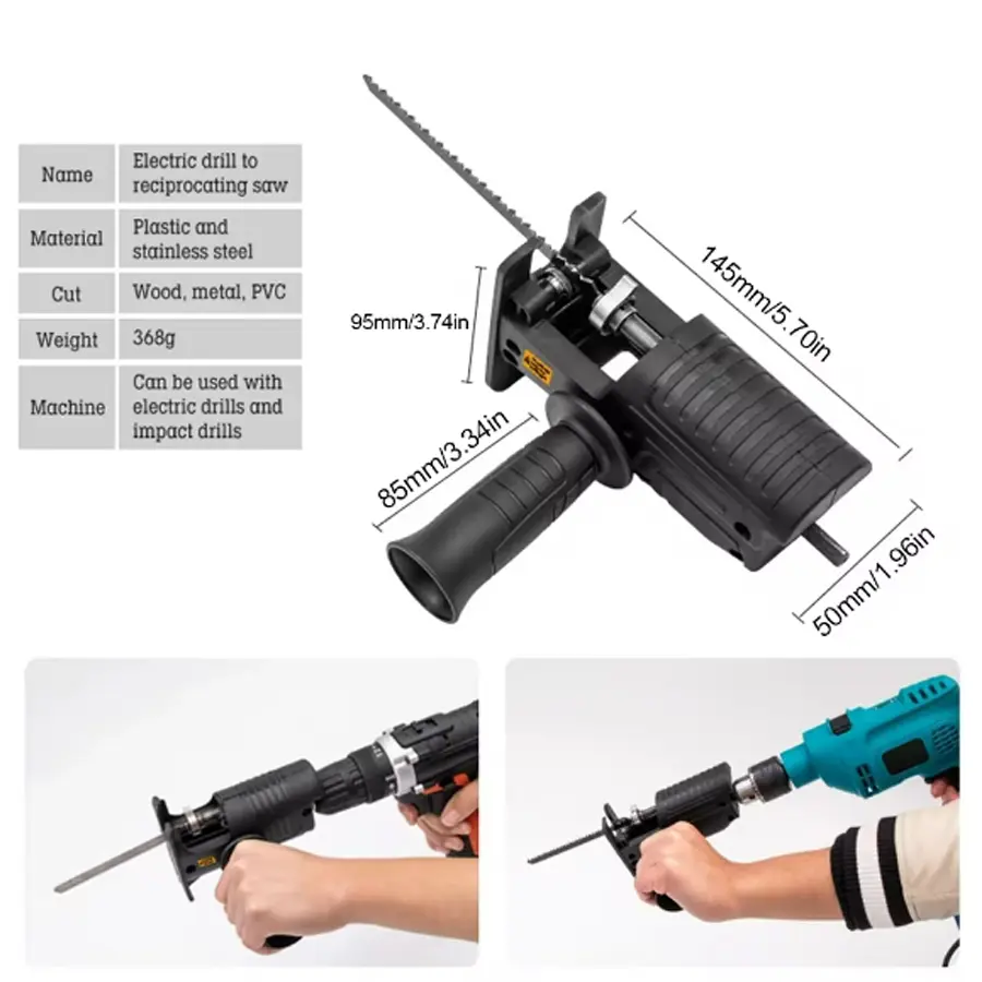 Portable Reciprocating Electric Saw Adapter Electric Drill Modified Tool Attachment with 3 Saw Blades for Wood Metal Cutting