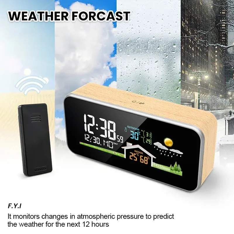 Wireless Weather Station Wooden Alarm Clock Digital Thermometer Humidity Temperature Wireless Sensor Home TimeWatch Desktop