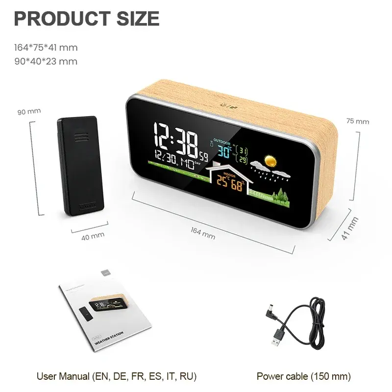 Wireless Weather Station Wooden Alarm Clock Digital Thermometer Humidity Temperature Wireless Sensor Home TimeWatch Desktop