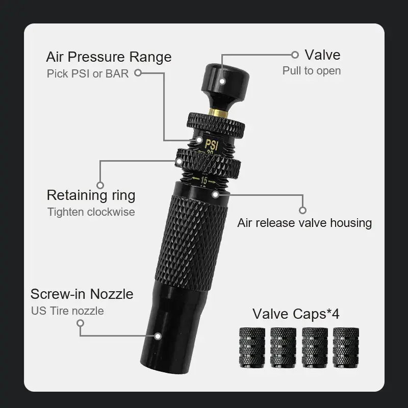 4pcs Adjustable Auto-Stop Tire Deflator Valve Kit (10-30 PSI)Screw-on Tyre Air Down Tool for Vehicles Motorcycle Offroad 4x4