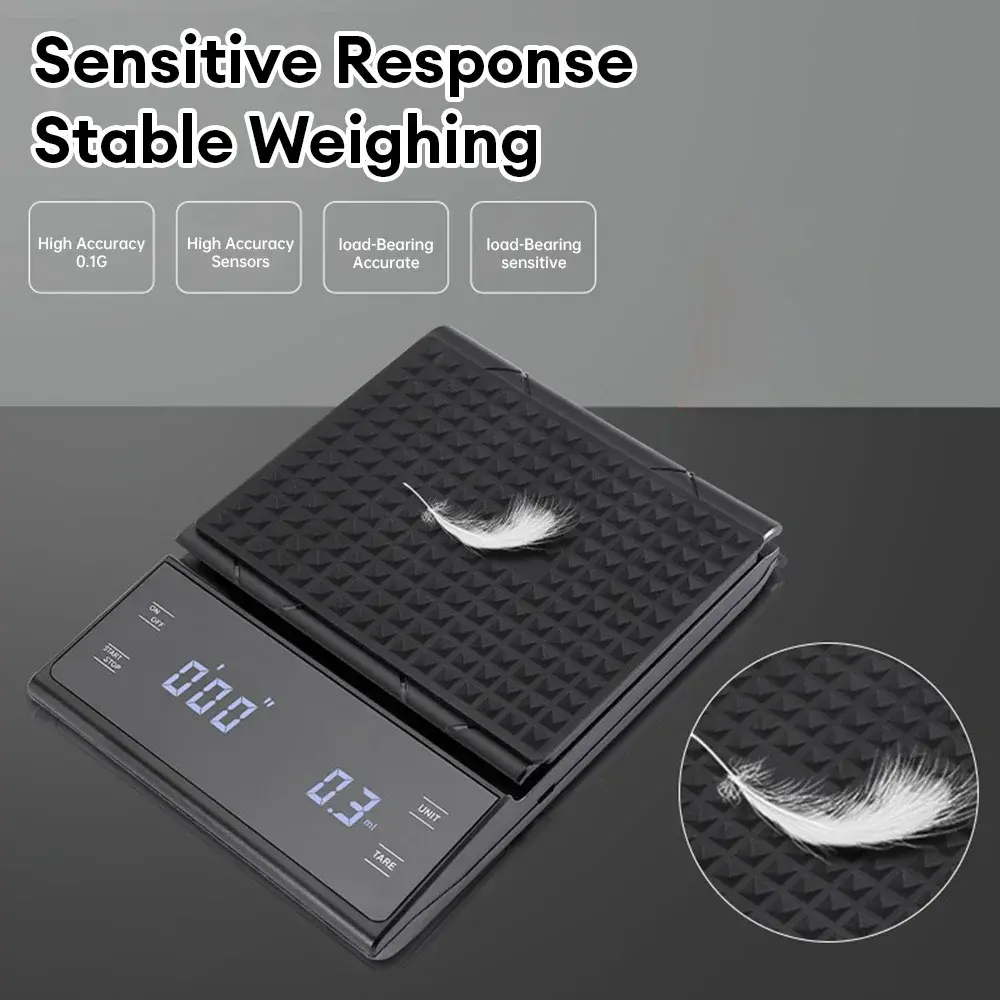 Digital Rechargable Coffee Scale with Timer LED Screen Espresso USB 3kg Max.Weighing 0.1g High Precision Measures Kitchen Scale
