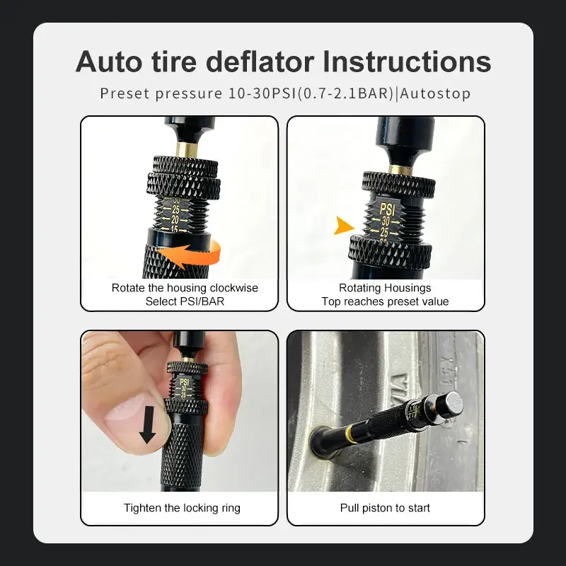 4pcs Adjustable Auto-Stop Tire Deflator Valve Kit (10-30 PSI)Screw-on Tyre Air Down Tool for Vehicles Motorcycle Offroad 4x4
