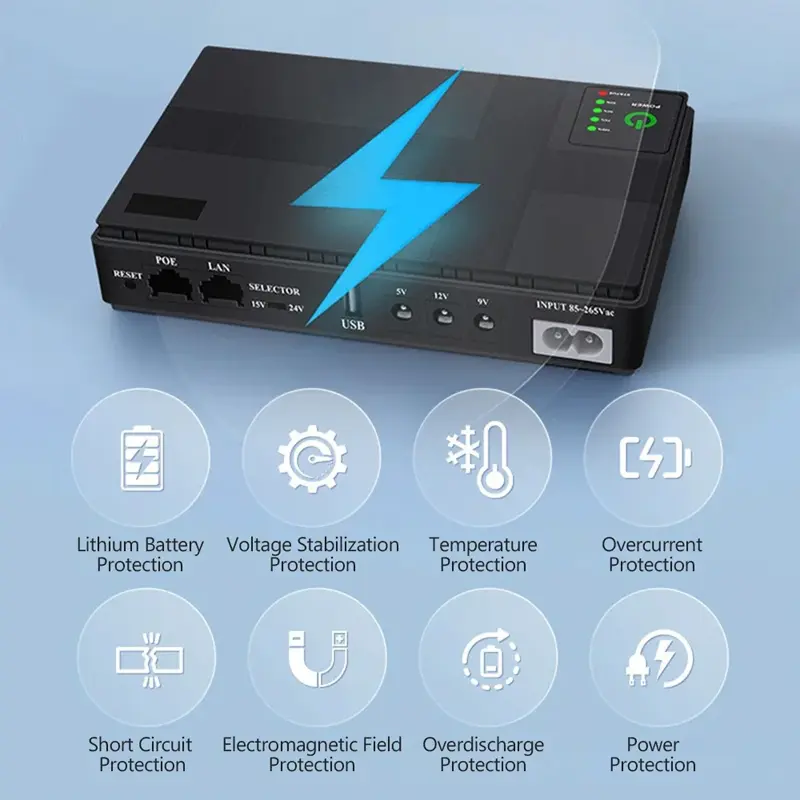 New DC UPS Battery Backup 8800mAh 5V 9V 12V 2A 15V 24V 1A Output Uninterruptible Power Supply 85‑265V UPS Battery Backup