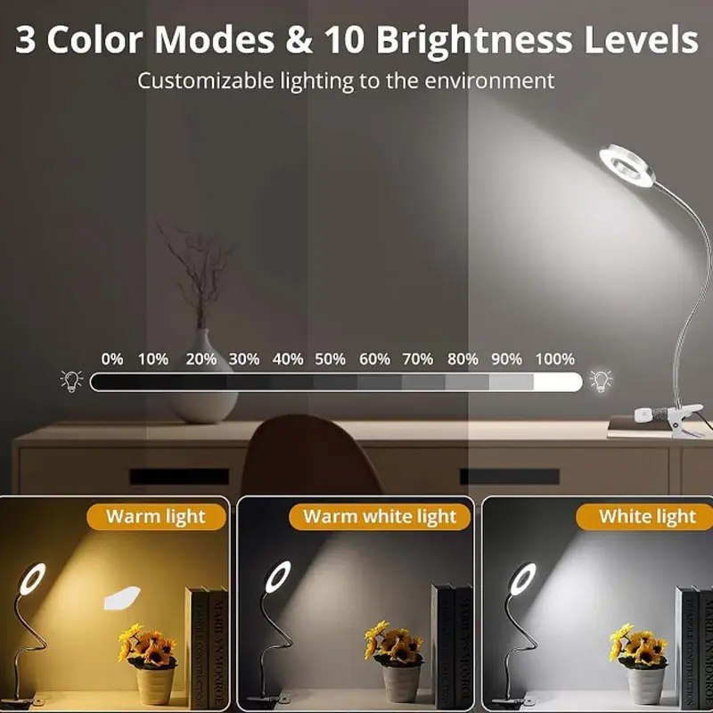 LED Reading Light with Clamp 3 Color & 10 Brightness Desk Lamp Flexible Gooseneck Book Lamp Kids Reading Night Light Book Light