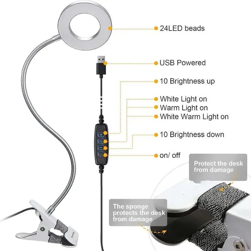 LED Reading Light with Clamp 3 Color & 10 Brightness Desk Lamp Flexible Gooseneck Book Lamp Kids Reading Night Light Book Light