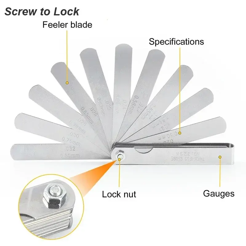 Steel Ruler Metric Thickness Feeler Gauge 32 Blades Set Tappet with Brass Gap Measure Tool Range Clearance Size Copper Sheet