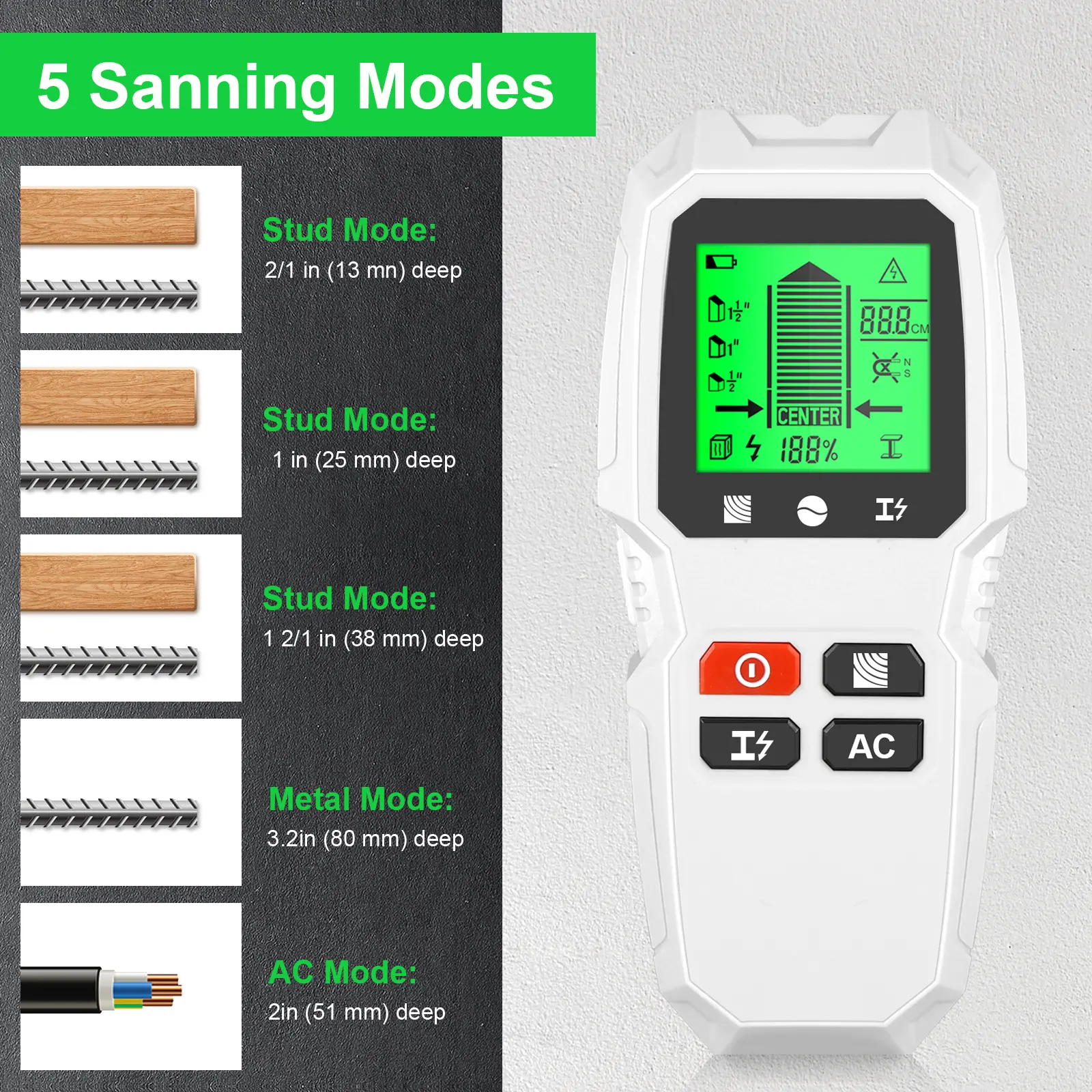 Wall Stud Finder Sensor Wall Scanner 5 in 1 LCD Electronic Detector Edge Center Wood Current Metal Live Wires Detection HW-QB6