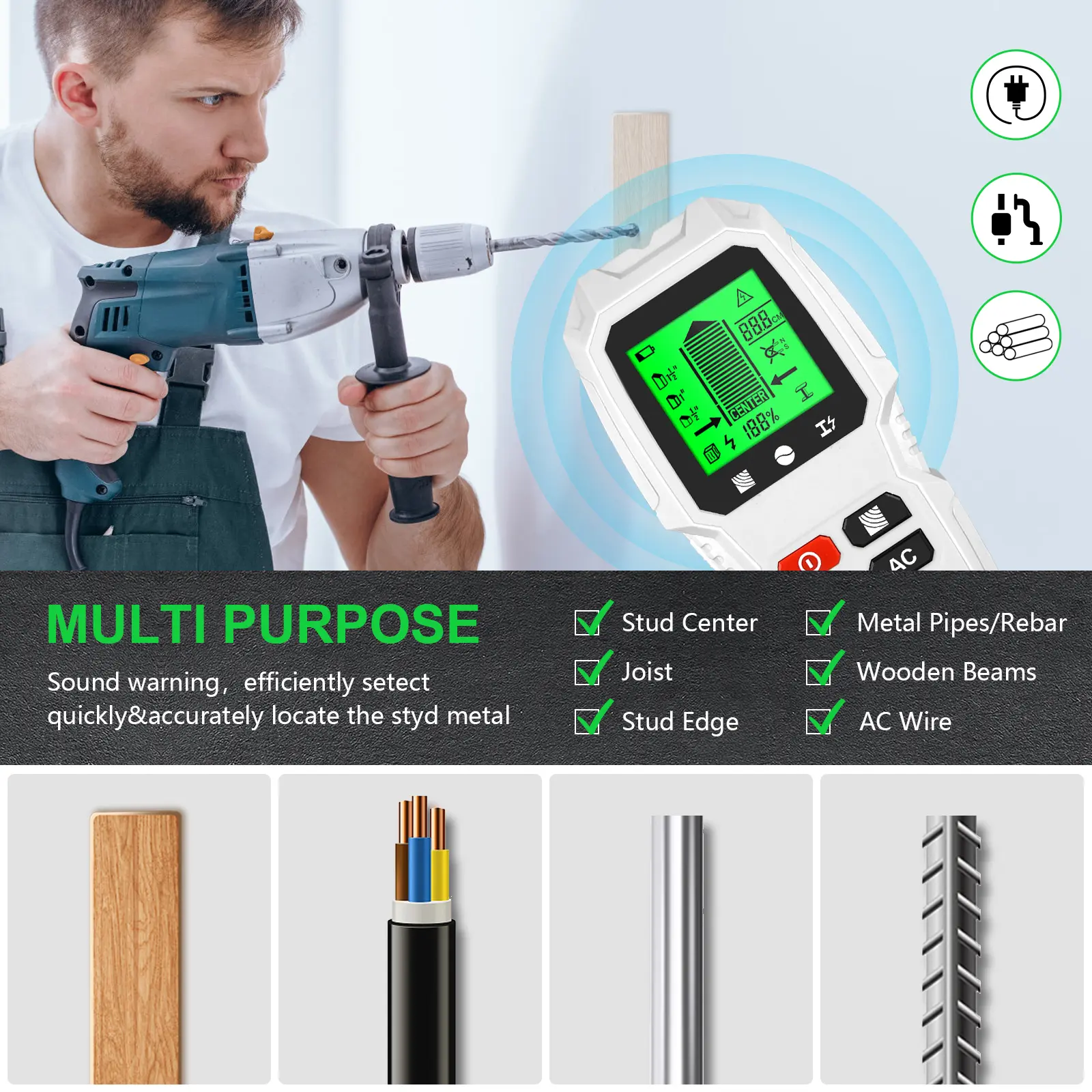 Wall Stud Finder Sensor Wall Scanner 5 in 1 LCD Electronic Detector Edge Center Wood Current Metal Live Wires Detection HW-QB6