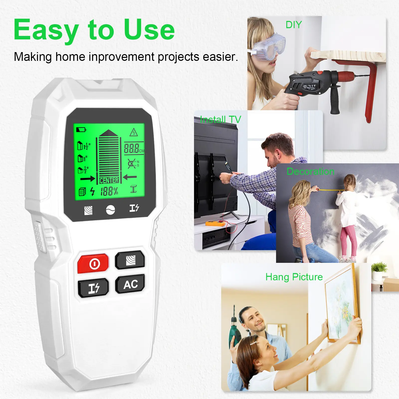 Wall Stud Finder Sensor Wall Scanner 5 in 1 LCD Electronic Detector Edge Center Wood Current Metal Live Wires Detection HW-QB6