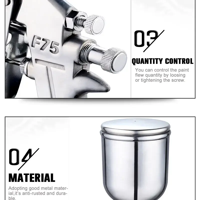 Hot sell F-75 Spray Gun 1.5mm Nozzle with Cup Silver Handle Adjustable Color Spray Gun for Automotive Furniture Parts Painting