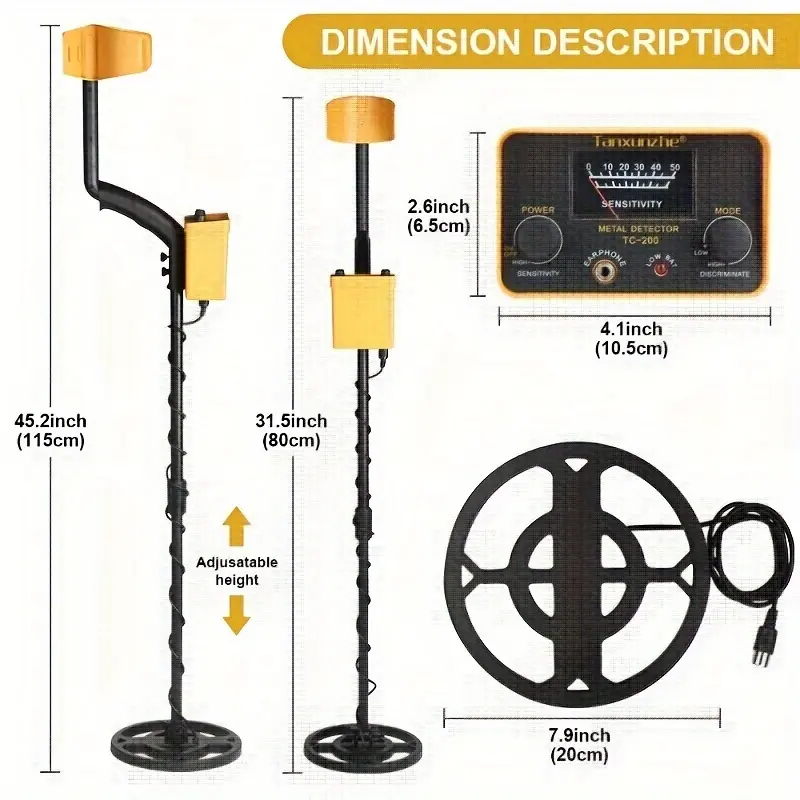 TC-200 Metal Detector Underground Metal Gold Detector Adjustable Tracker for Treasure Search Comes with shovel headphone suit