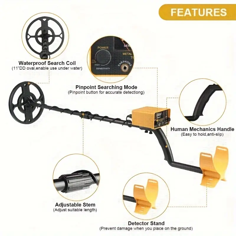 TC-200 Metal Detector Underground Metal Gold Detector Adjustable Tracker for Treasure Search Comes with shovel headphone suit