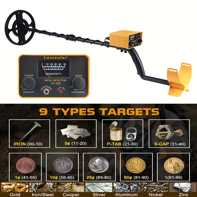 TC-200 Metal Detector Underground Metal Gold Detector Adjustable Tracker for Treasure Search Comes with shovel headphone suit