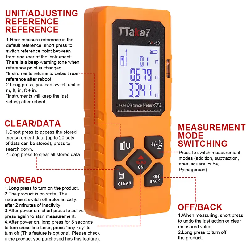 60M/40M Mini Smart Laser Distance Meter Measure Infrared Rangefinder USB Rechargeable Portable Handheld Laser Range Finder Tools