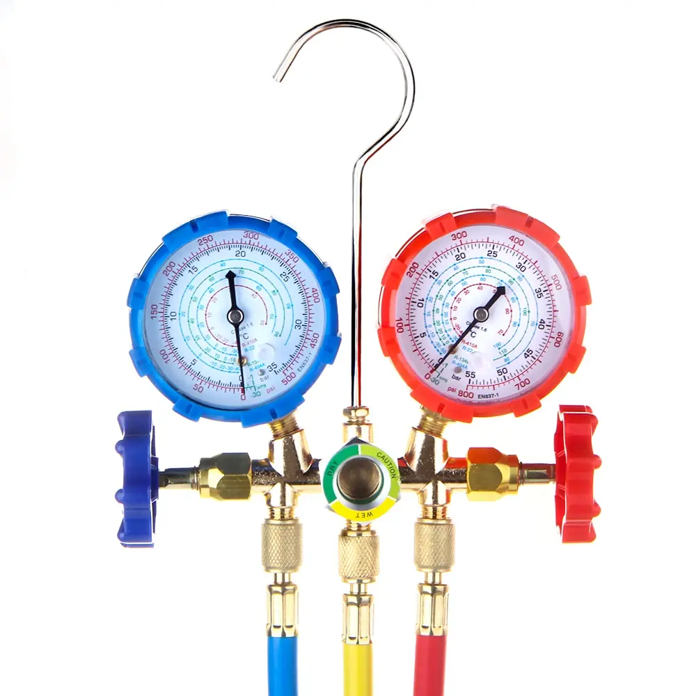 R22 R134a R404A Manifold Gauge Set HVAC A/C Refrigeration Charging Service with Hoses Adjustable Couplers Adapter Can Tap