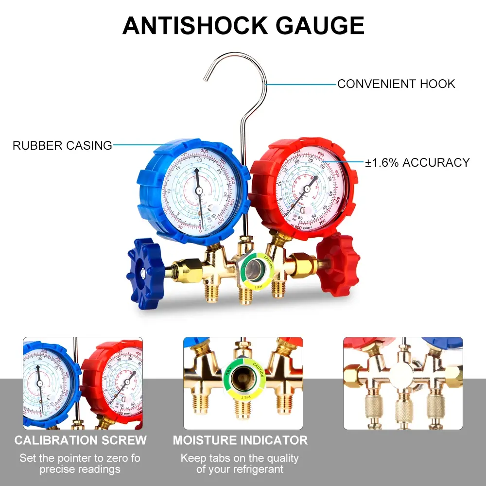 R22 R134a R404A Manifold Gauge Set HVAC A/C Refrigeration Charging Service with Hoses Adjustable Couplers Adapter Can Tap