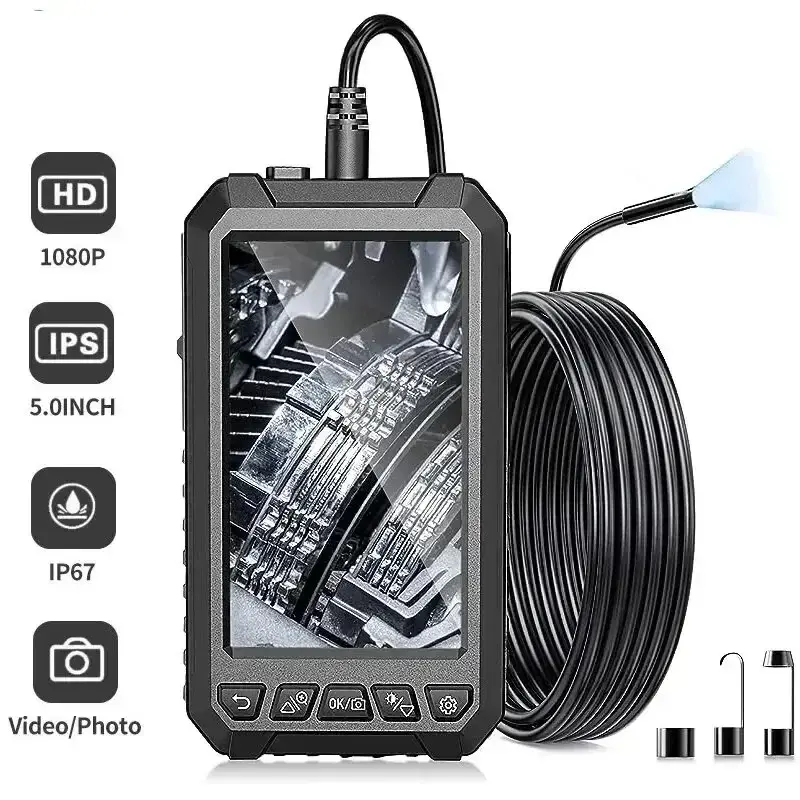 5.0 Inch IPS Screen Industrial Endoscope Camera 8mm HD1080P Sewer Car Piping Inspection Camera Borescope 8 LED Waterproof